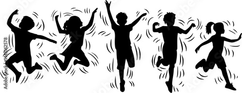 Jumping Silhouettes of Five – Energetic Black and White Vector Celebration Art