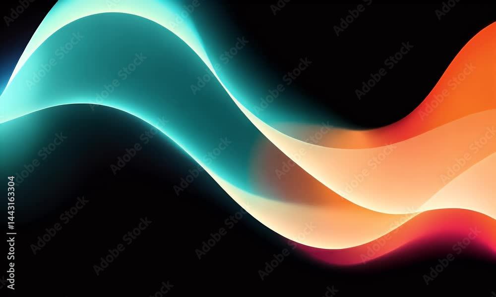 A graphic of an abstract wave shape with soft gradients in teal and orange, set against a black background. The gradient is smooth and fluid, 
