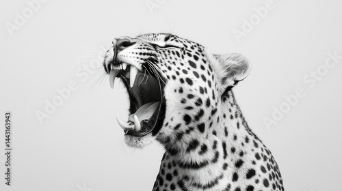 Roaring leopard portrait, black and white