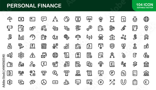 Essential Personal Finance Icon Set Vector Illustration. Includes Icons for Savings, Loans, Credit, and Financial Planning for Money Management Designs
