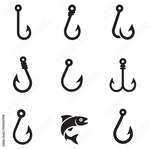 Fishing hook icon vector set. Fishing illustration sign collection. fish symbol or logo. Vector Black silhouettes. with white background