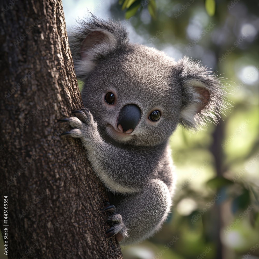 Naklejka premium Adorable koala climbing a tree in nature.