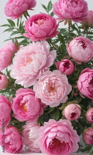 Vibrant pink peonies & roses bouquet, white backdrop,  photography,  flower arrangement