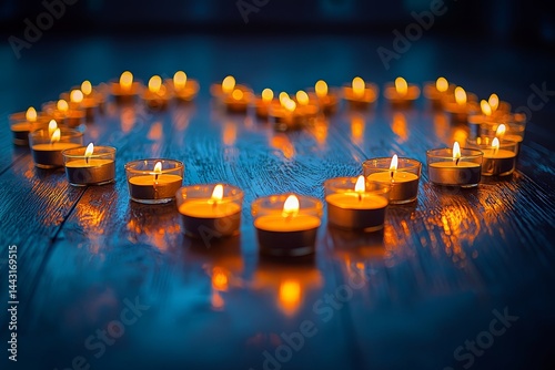 Dozens of tealight candles flickering gently in a heart shape on a dark wooden floor, glowing warmly in the surrounding pitch-black room.