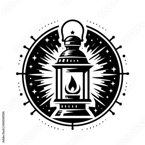 Black and White Lantern Icon: Vintage, Celestial, and Symbolic Design