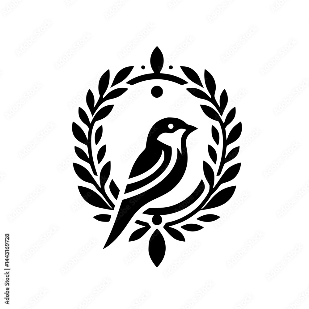 Obraz premium Elegant Black Bird in Laurel Wreath, Vector Icon Design