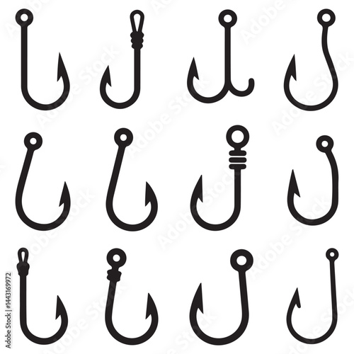 Fishing hook icon vector set. Fishing illustration sign collection. fish symbol or logo. Vector Black silhouettes. with white background