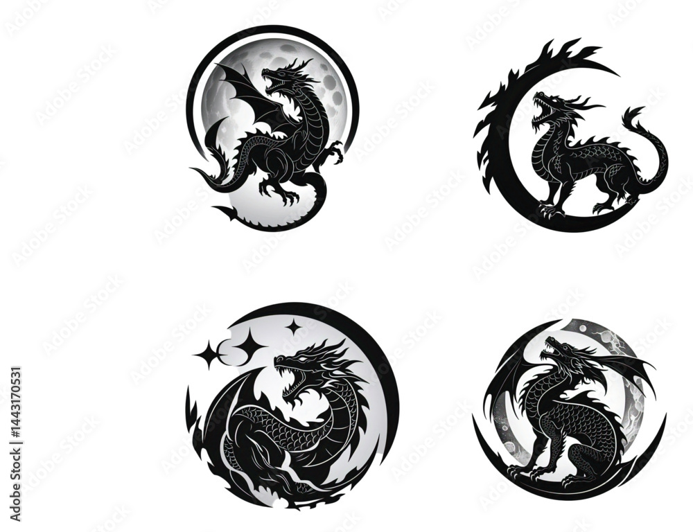Fototapeta premium Mythical Dragon Silhouette with Crescent Moon – Fantasy Tattoo or Logo Vector Design