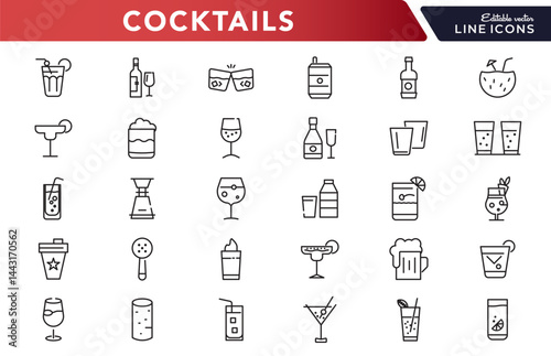 Cocktails line icon set. Drinks, party, club, alcoholic, bubble tea, vodka, pub, coffee, refreshment outline icon collection. UI thin outline icon pack