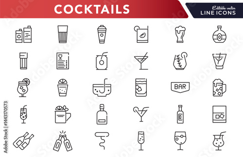 Cocktails line icon set. Drinks, party, club, alcoholic, bubble tea, vodka, pub, coffee, refreshment outline icon collection. UI thin outline icon pack