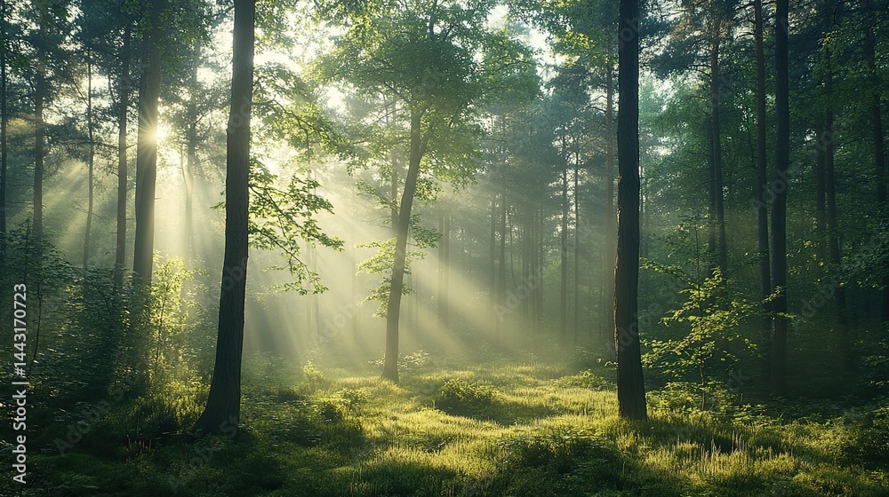 Naklejka premium Misty morning in the forest, with soft light filtering through the trees. 