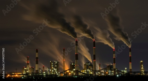 Industrial complex at night, smoke stacks photo