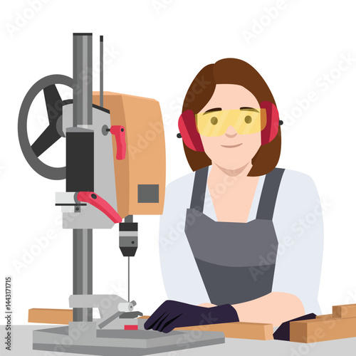 Woman carpenter wearing safety gear works confidently with a drill press in woodworking environment. Flat vector illustration isolated on white background