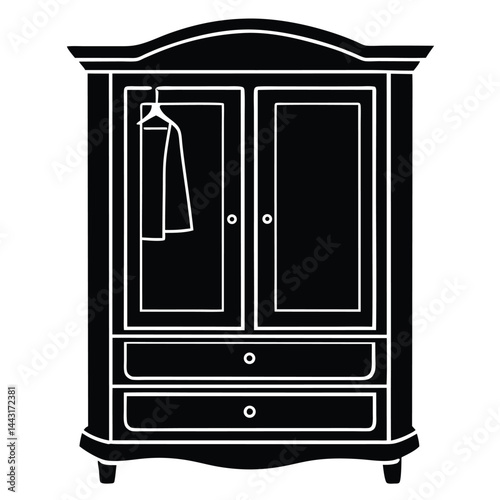 wardrobe silhouette vector illustration, vector sketch illustration of the silhouette of a Jepara teak wood door design full of classic vintage carvings, Monochromatic illustration of a wardrobe close