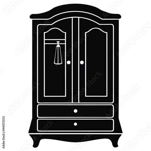 wardrobe silhouette vector illustration, vector sketch illustration of the silhouette of a Jepara teak wood door design full of classic vintage carvings, Monochromatic illustration of a wardrobe close