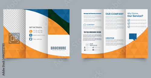 Corporate Trifold Brochure Template with Orange and Blue Abstract Design. Editable image.