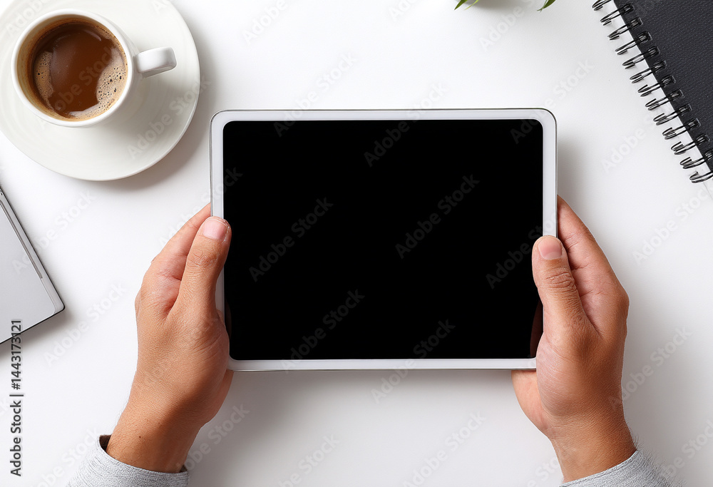 Photo of a person holding an iPad with a black screen on a white desk, next to a coffee cup and a notebook, in a top-down view. Web banner with copyspace for text or a logo on the right side Photo of a person holding an iPad with a black screen on a white desk, next to a coffee cup and a notebook, in a top-down view. Web banner with copyspace for text or a logo on the right side