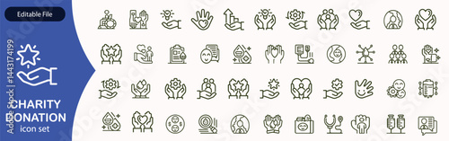 Charity and Donation set of web icons in line style. Volunteering and donation icons for web and mobile app. Help, caring, solidarity, alms, donate, volunteer, care, charity and more. Editable stroke