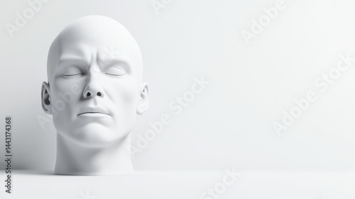 A neutral, serene white human head sculpture