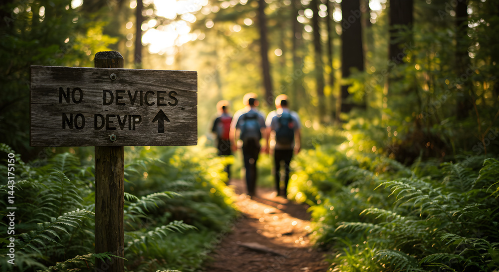 Fototapeta premium Sun Drenched Forest Trail with Hikers Passing a No Devices Sign in Rural Setting