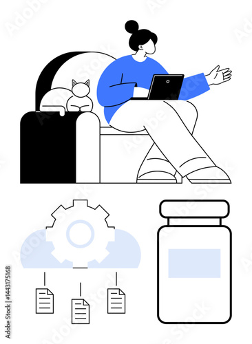 Woman sitting with cat, using tablet below, gear, cloud, data icons, and medicine bottle emphasize themes. Ideal for telehealth, remote work, technology cloud storage data sharing health
