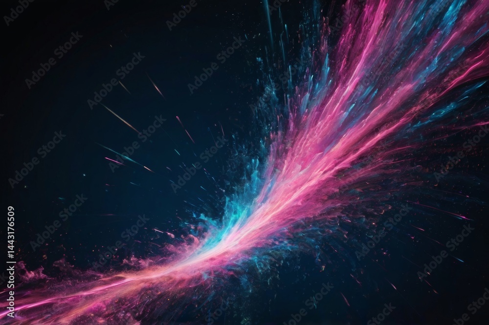 Fototapeta premium Abstract cosmic background with pink and blue light trails resembling explosion and hyper jump into another galaxy