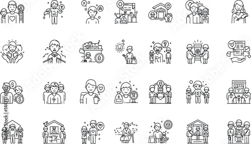 Homelessness, Social Aid line icon set. Vector pictograms of homeless child, urgent needs, support services, donation, social kitchen