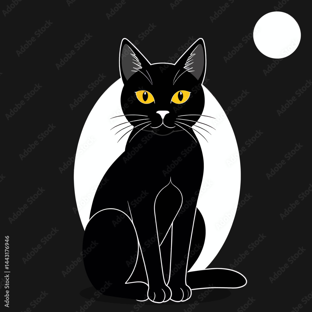 Obraz premium Black_Cat_Illustration_Halloween_Theme_Cute_Cartoon_Cat_With_Yellow_Eyes_Against_Moon_Background_Spooky_Season_Decor_Feline_Art_Digital_Illustration_168