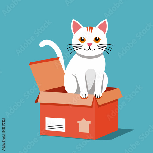 Cute Cartoon Cat in a Box Illustration_Playful Feline Friend_Adorable Kitten Graphic_Pet Adoption Concept_Funny Animal Artwork_Simple Vector Design_Creative Pet Image