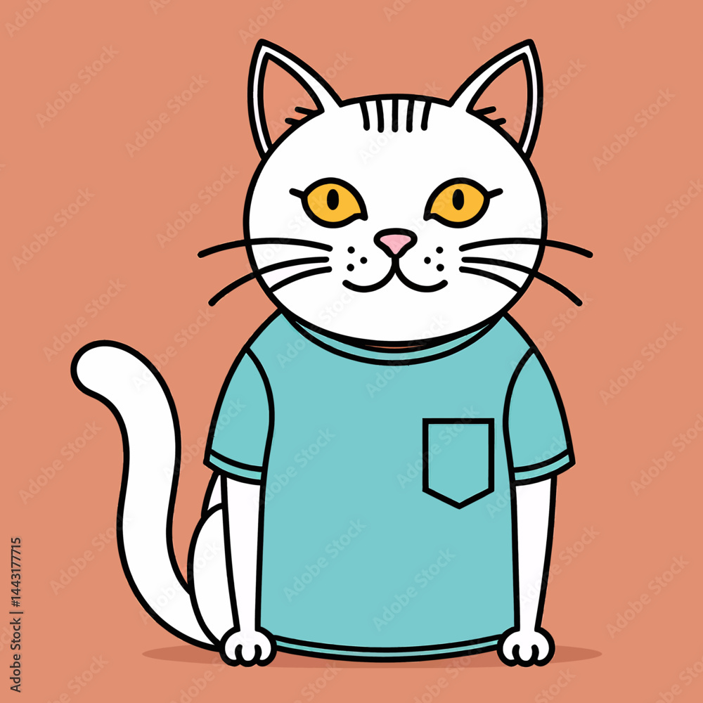 Obraz premium Cute White Cat Cartoon Character Wearing a T_Shirt_Adorable Kitty Illustration_Funny Animal Art_Perfect for Kids and Pet Lovers_Whimsical Cat Design