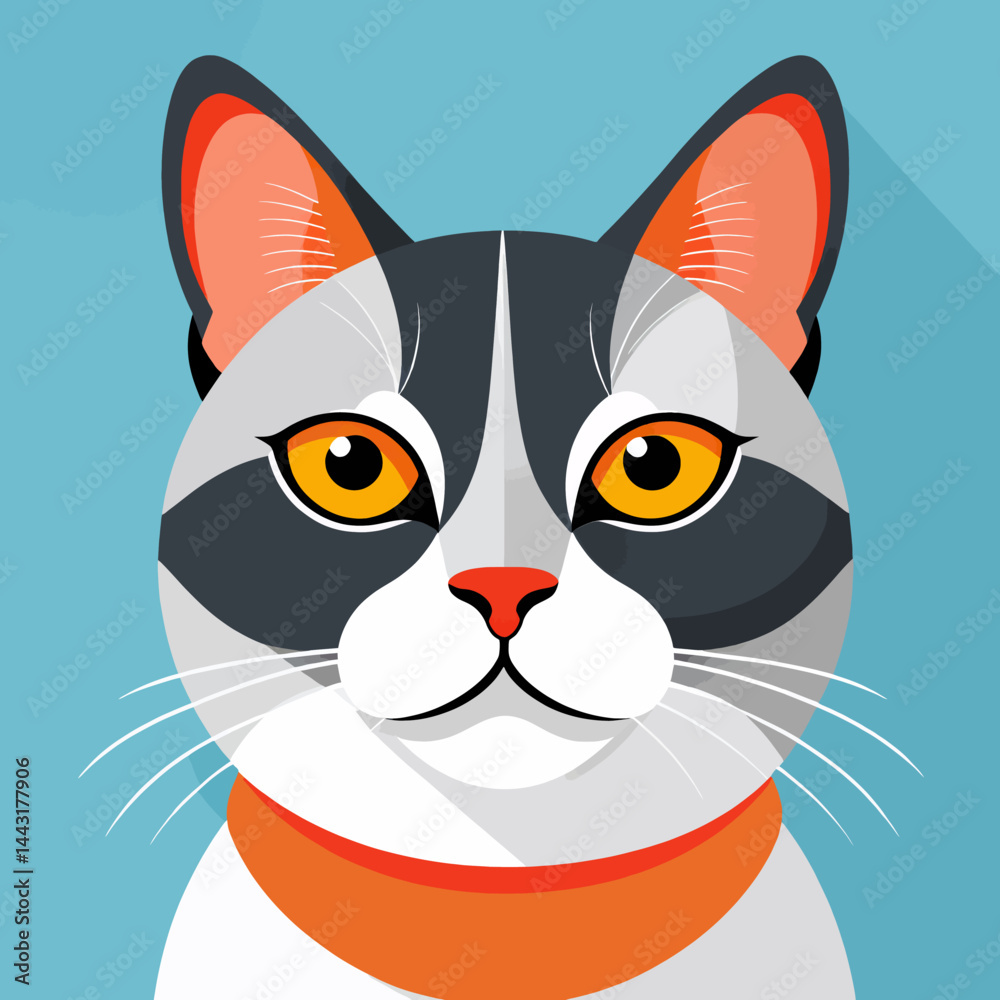 Obraz premium Cute_Cat_Cartoon_Illustration_of_a_Gray_and_White_Cat_with_Orange_Collar_on_a_Blue_Background_Vector_Art_of_a_Domestic_Pet_Animal_Illustration_For_Kids