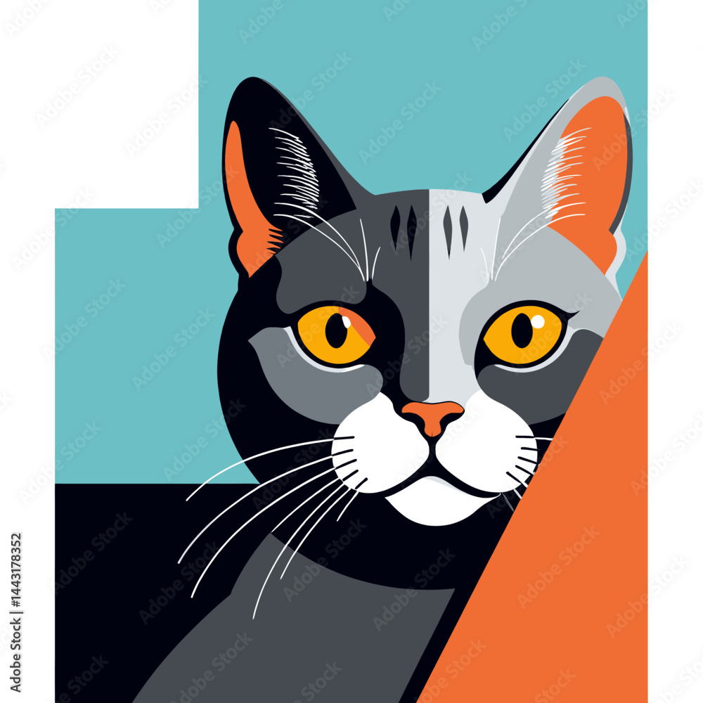 Obraz premium Modern Cat Portrait with Geometric Shapes_Abstract Cat Art_Colorful Feline Design_Unique Cat Illustration_Eye Catching Animal Artwork_Creative Pet Graphic_Contemporary Cat Image
