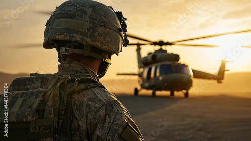 Soldier prepares for helicopter extraction during sunset at military base