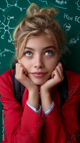 Obraz na płótnie Nachdenkliche blonde Studentin stützt ihr Gesicht auf die Hände vor einer mathematischen Formeltafel in rotem Pullover w salonie