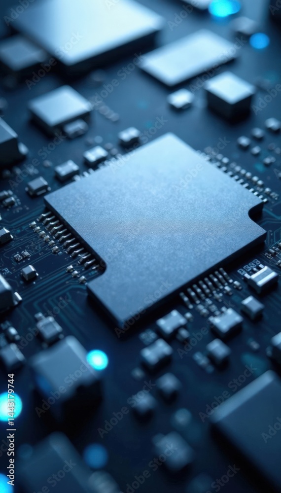 Sleek metallic silver surface with raised circuit board patterns and glowing blue LED lights, high-tech, circuit boards, electronics Sleek metallic silver surface with raised circuit board patterns and glowing blue LED lights, high-tech, circuit boards, electronics