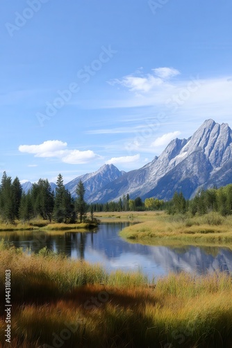 Picture description, the picture shows a stunning natural scenery. The blue sky is dotted with a few white clouds, clear and bright. The towering mountains in the distance, the.