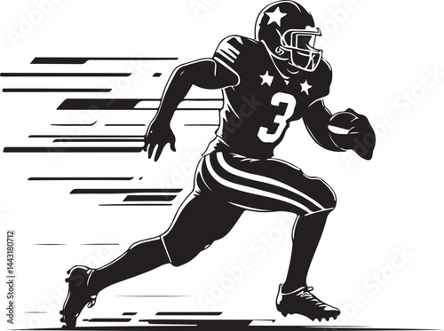 American Football Player Running Action Black and White Vector
