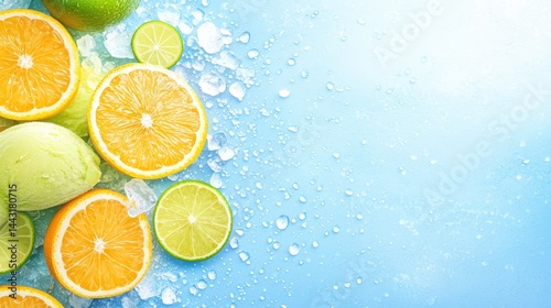 Vibrant citrus delight, limes and oranges on cool blue background fresh