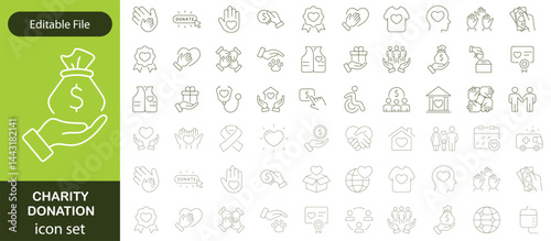 Charity and Donation set of web icons in line style. Volunteering and donation icons for web and mobile app. Help, caring, solidarity, alms, donate, volunteer, care, charity and more. Editable stroke