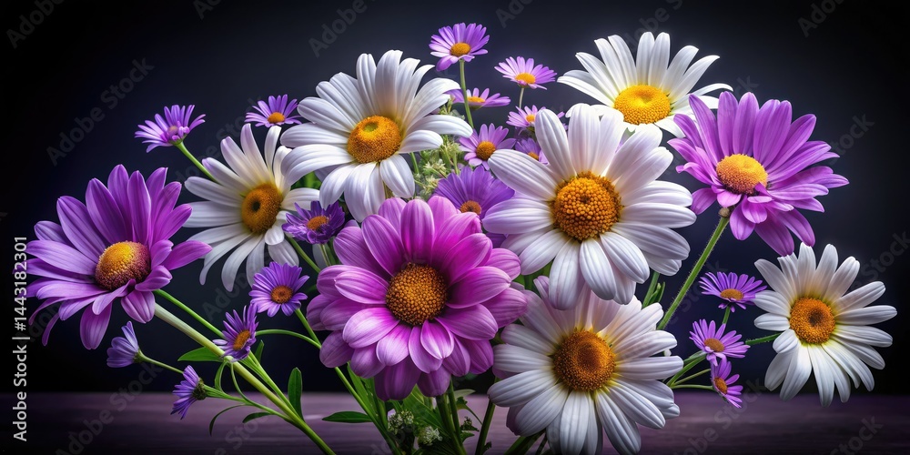 Fototapeta premium Spring Floral Photography: Vibrant Daisies & Purple Flowers Dark Background