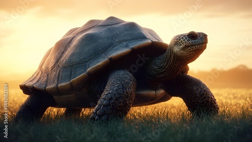 Giant Tortoise Walking on Grassland During Golden Sunset Light