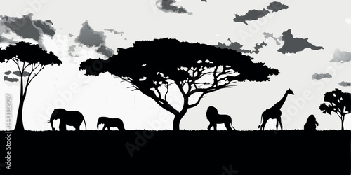 African safari landscape with animal silhouettes — vector scene.