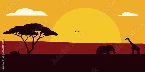 African landscape scene during sunset or sunrise. Vector illustration. EPS file included.