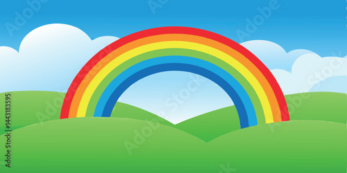 Rainbow landscape — vector cartoon illustration of a colorful nature scene with a rainbow and white clouds over a green landscape and blue sky.