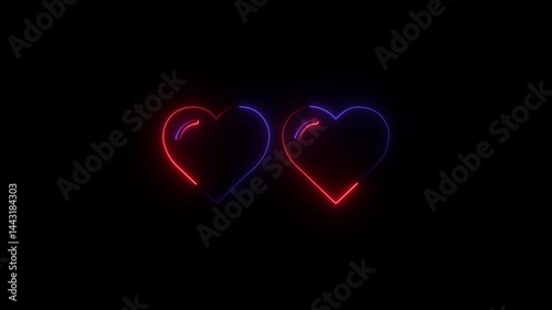 Abstract neon heartbeat signal icon animation black background .Heart love fill stroke icon glowing neon red and blue  color animation