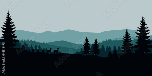 Vector landscape featuring blue mountains, forest, and silhouettes of trees and wild deer.