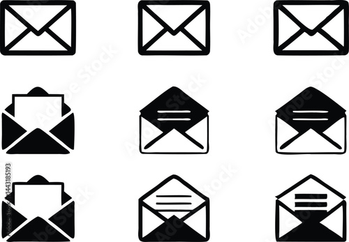 Icon set of open envelopes with letters and symbols, suitable for email, newsletter, correspondence, and messaging app UI or web elements
