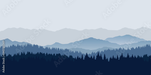Beautiful panoramic vector illustration of foggy mountains and forest landscape.
