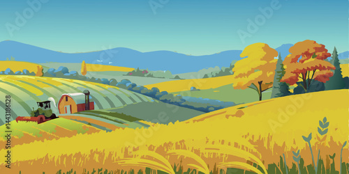 Vector background of a rural landscape with a golden wheat field.


