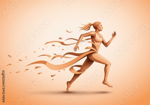 Woman running with ribbon isolated on white background